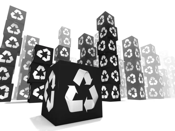 Viele schwarze Schachteln mit weißem Recyclingschild — Stockfoto