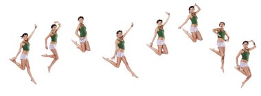 Multiple young emotional woman jumping, isolated on white clipart