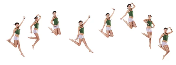 Multipla giovane donna emotiva saltando, isolato su bianco — Foto Stock