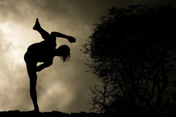 Man praktijken martial arts hoge kick silhouet achtergrond — Stockfoto