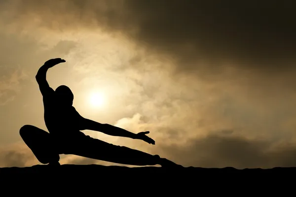 Martial arts man silhouet op dramatische hemel — Stockfoto