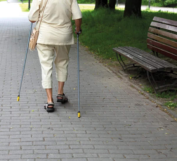 Senior woman doing nordic walking in the — Stock Photo, Image