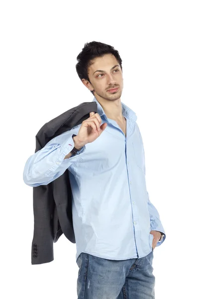 Modelo segurando jaqueta em seu ombro — Fotografia de Stock