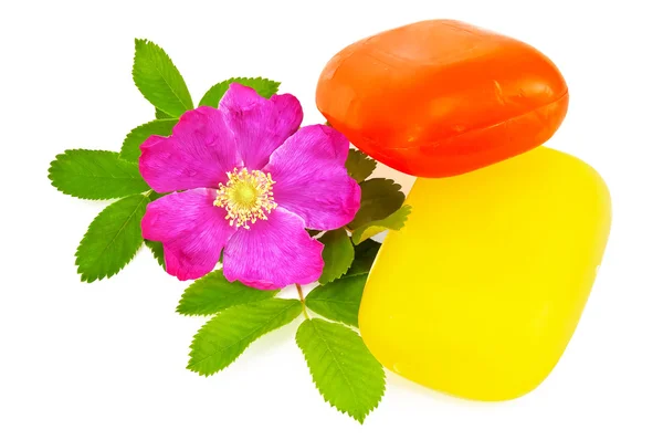 Dois pedaços de sabão com flor rosa selvagem — Fotografia de Stock