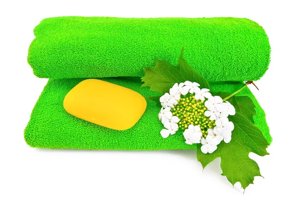 Green towel with soap and snowball — Stock Photo, Image