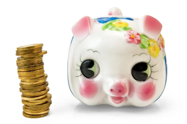 stock image Piggy Bank with a column of coins