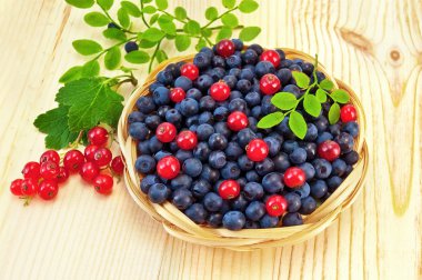 Blueberries with red currants on the board clipart