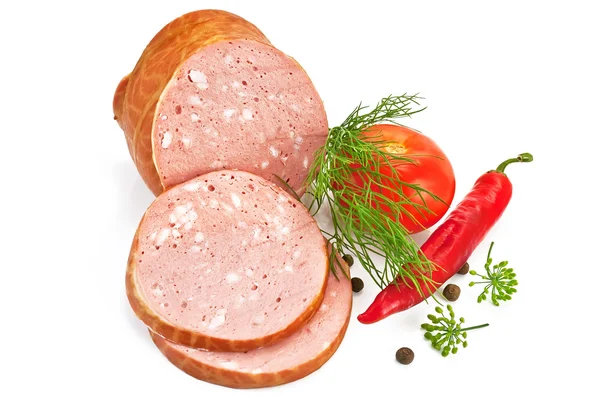 Sausage with tomato and pepper — Stock Photo, Image