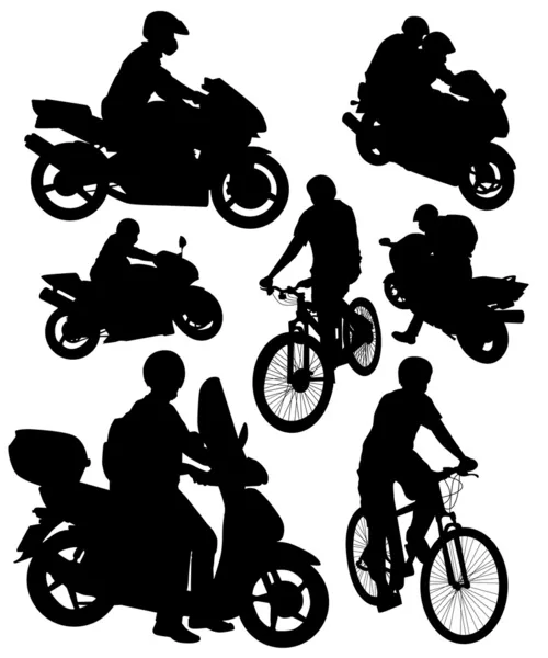 Silhouetten van motorfietsen en fietsen — Stockvector