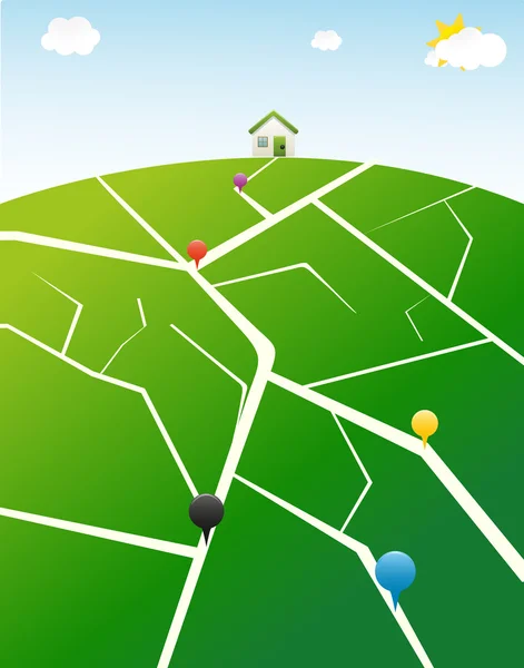 Carte GPS illustrée avec broches — Image vectorielle