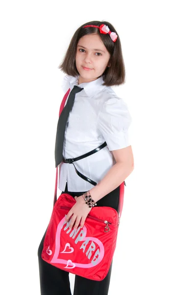 L'écolière avec un sac rouge — Photo