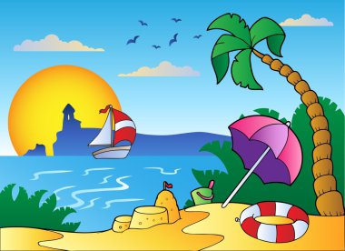 Beach with umbrella and sand castle clipart