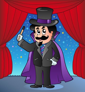 Cartoon magician on circus stage clipart