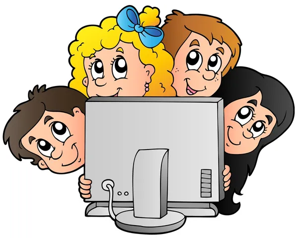 Bambini dei cartoni animati con computer — Vettoriale Stock