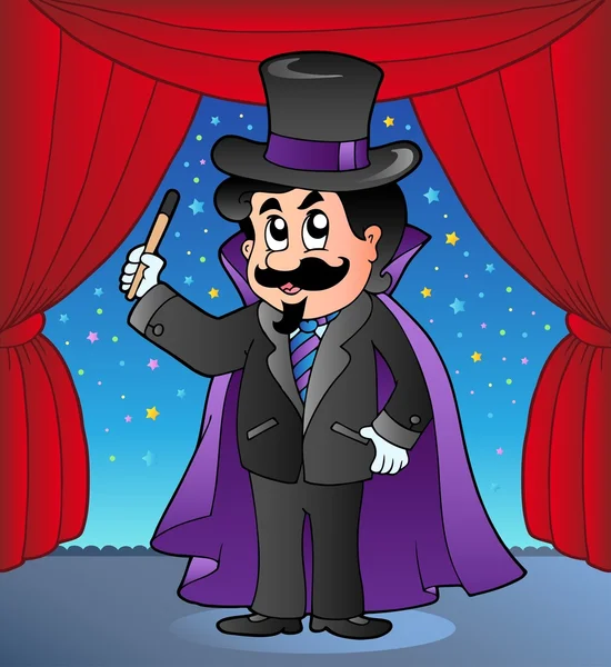 Cartoon magician on circus stage — Stock Vector