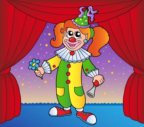 Clown girl on circus stage 1 — Stock Vector