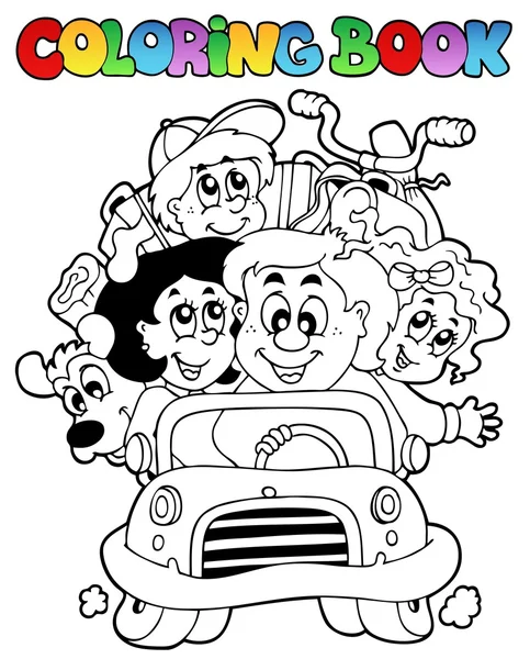Livro para colorir com a família no carro —  Vetores de Stock