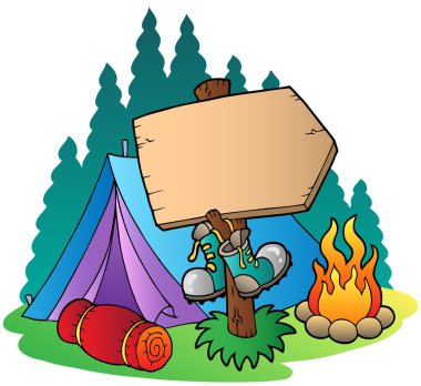 Camping wooden sign near tent clipart