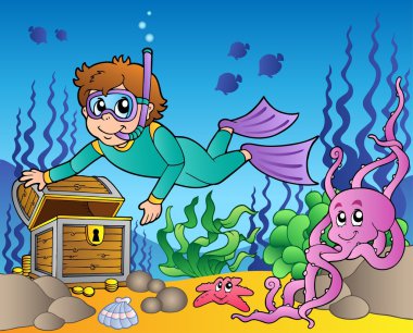 Diver exploring treasure in sea clipart