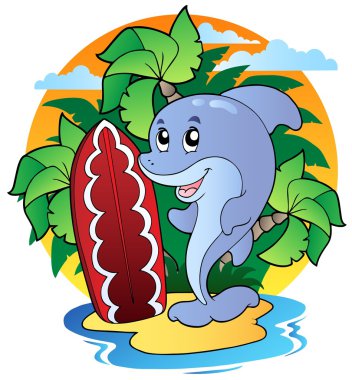 Dolphin with surfing board clipart