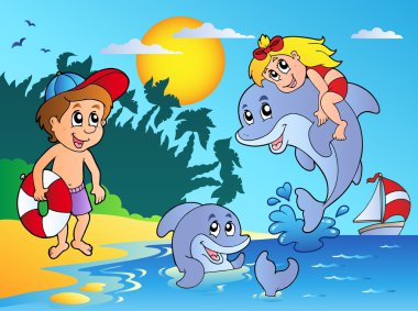 Summer beach with kids and dolphins clipart