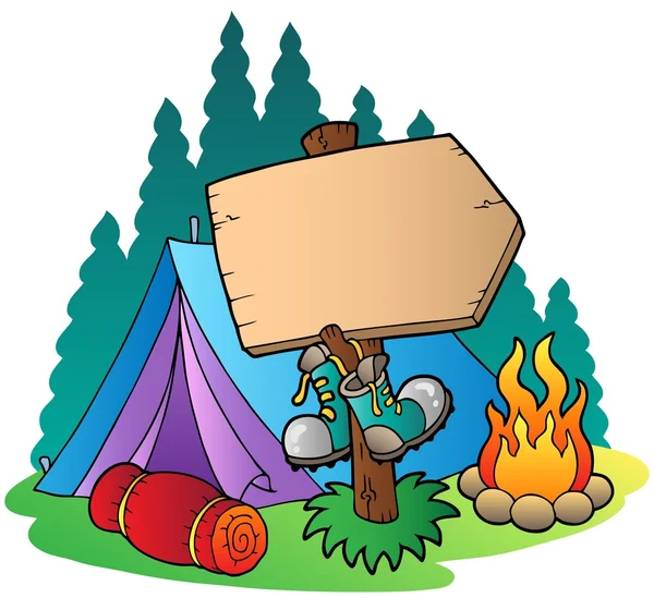 Camping träskylt nära tält — Stock vektor