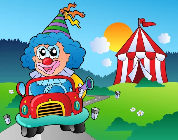 Мультфильм клоун в машине возле палатки — стоковый вектор