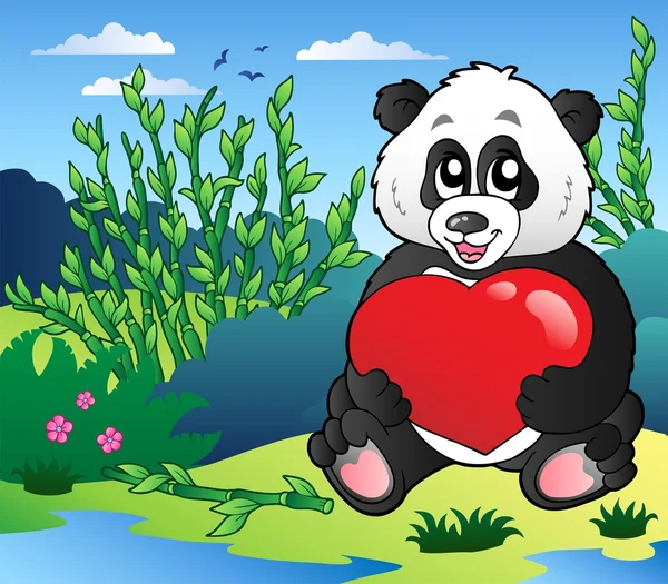 Dibujos animados panda celebración de corazón al aire libre — Archivo Imágenes Vectoriales