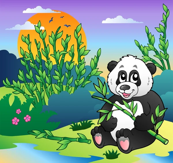 Cartoon panda i bambuskog — Stock vektor