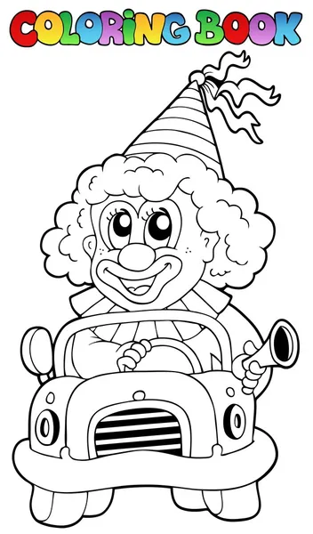 Livre à colorier avec clown en voiture — Image vectorielle