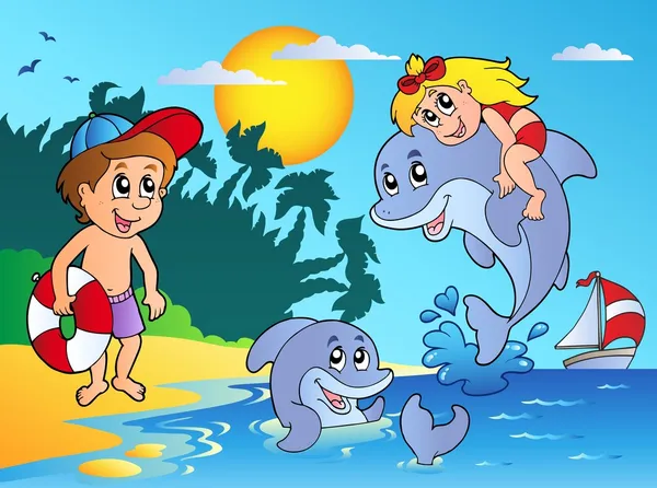 Playa de verano con niños y delfines — Vector de stock
