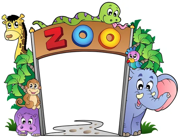 Zoo entrance with various animals — Stock Vector