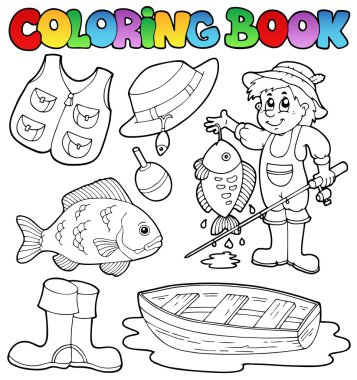 Coloring book with fishing gear clipart