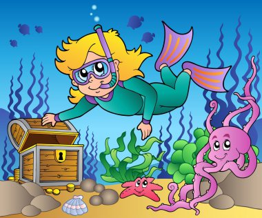 Girl snorkel diver exploring sea clipart