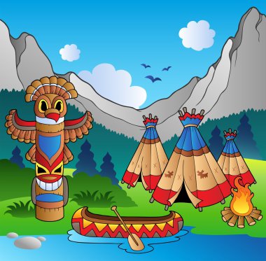 Indian village with totem and canoe clipart