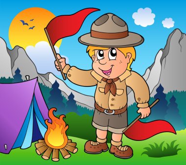 Scout boy with flags outdoor clipart