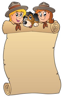 Scroll with two scouts and dog clipart