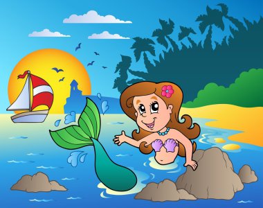 Seascape with swimming mermaid clipart