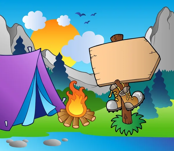 Panneau de camping en bois sur la rive du lac — Image vectorielle