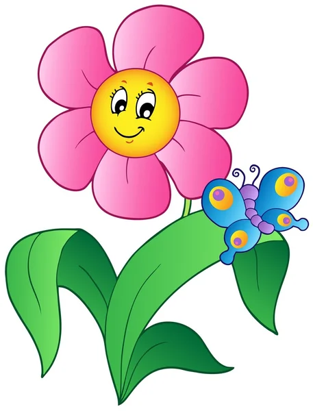 Bunga kartun dengan kupu-kupu - Stok Vektor