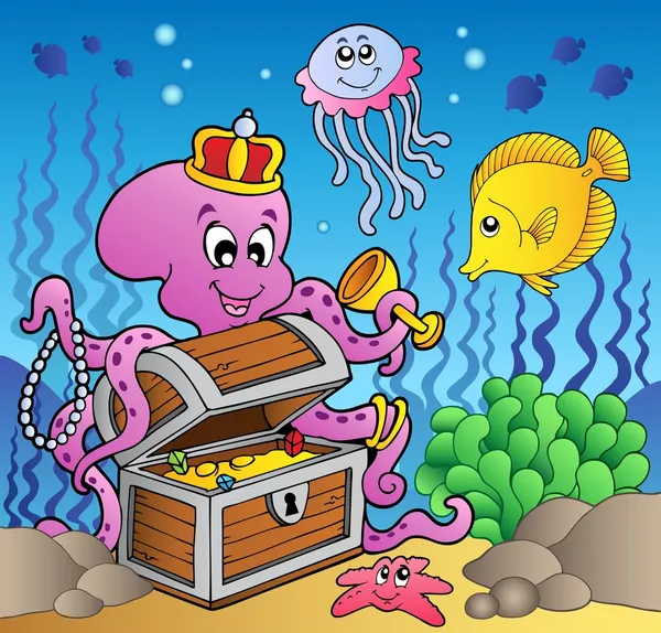 Cartoon octopus on treasure chest — Stock Vector