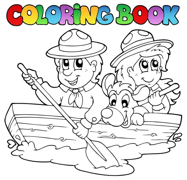 Livro para colorir com olheiros em barco — Vetor de Stock