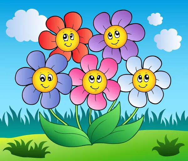 Cinco flores de desenhos animados no prado —  Vetores de Stock