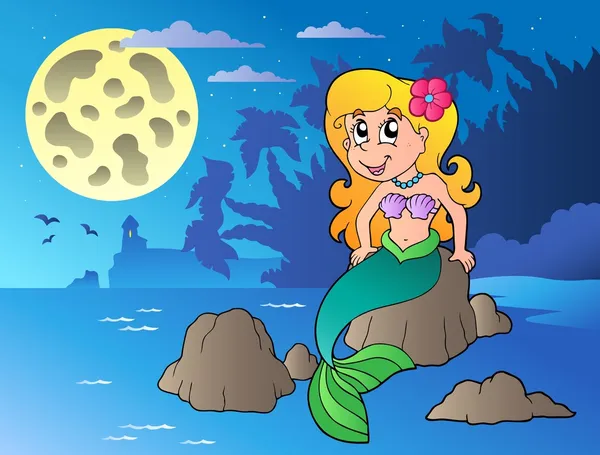 Gece deniz manzarası ile karikatür deniz kızı — Stok Vektör