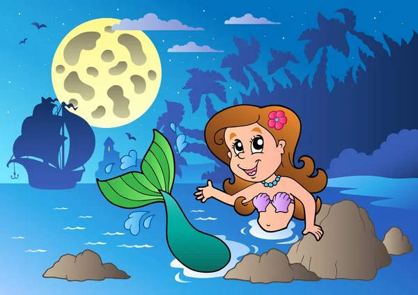 Gece deniz manzarası ile Yüzme deniz kızı — Stok Vektör