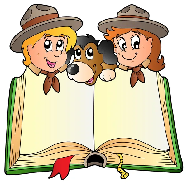 Libro abierto con dos exploradores y perro — Vector de stock