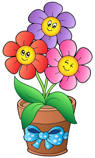 Pot met drie cartoon bloemen — Stockvector