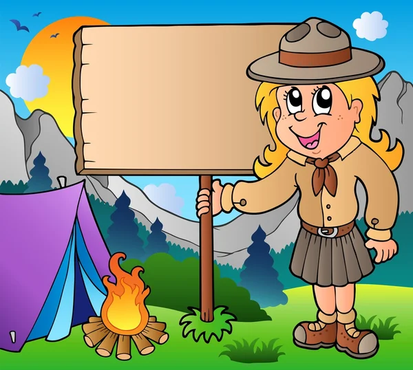 Scout girl holding board outdoor — Stock Vector