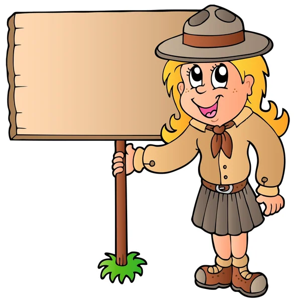 Scout ragazza tenendo bordo di legno — Vettoriale Stock