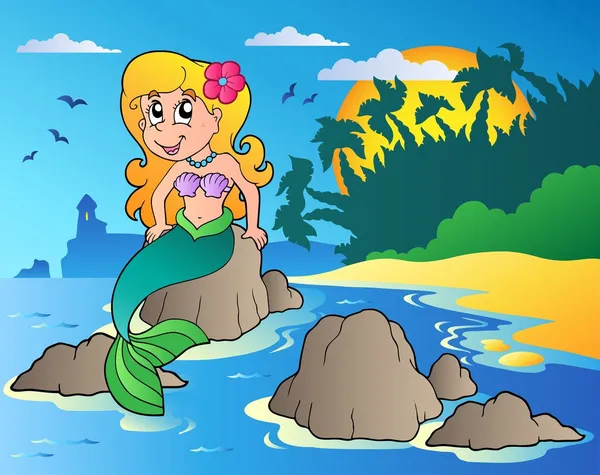 Seascape dengan kartun putri duyung - Stok Vektor